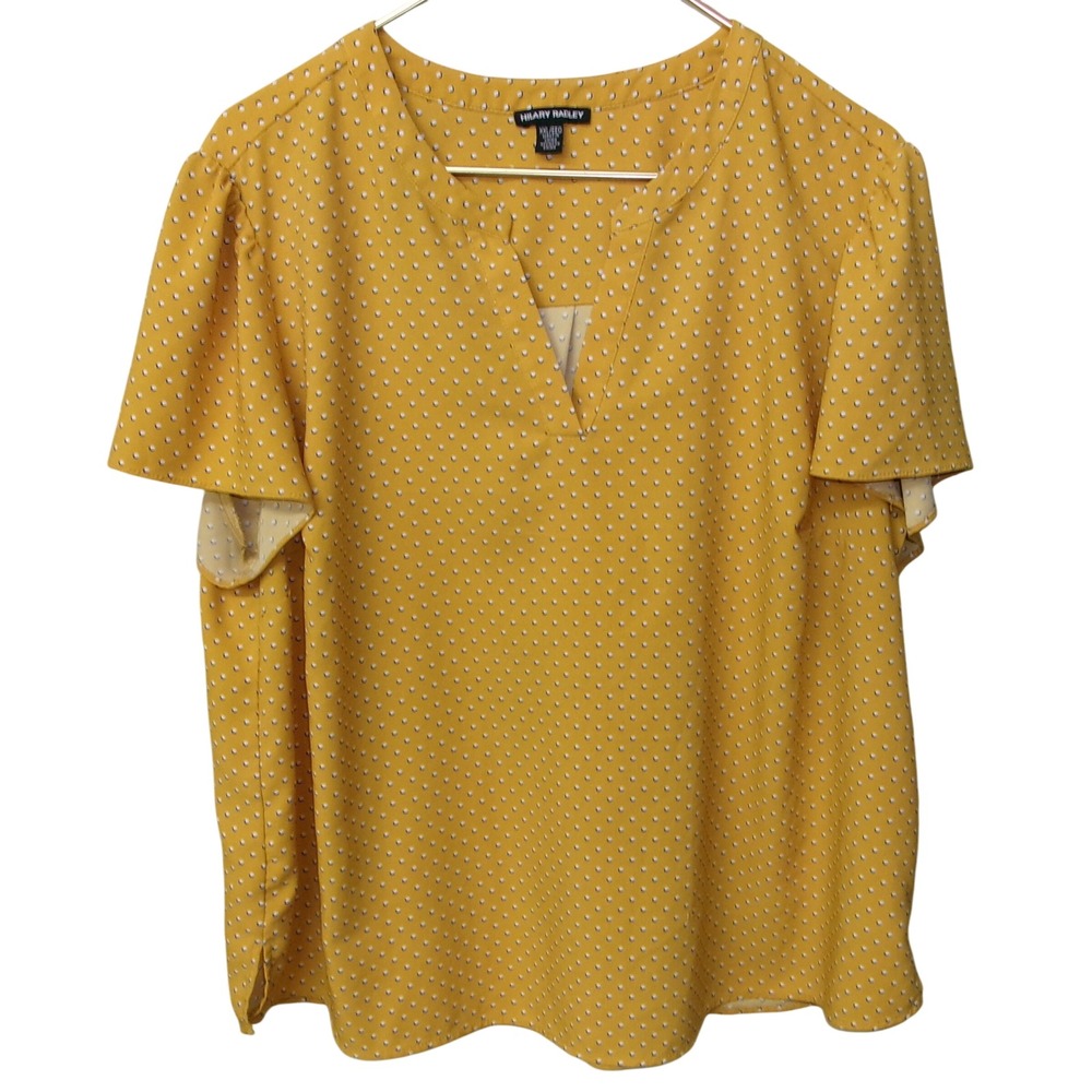 Hilary Radley XXL Mustard Yellow Polka Dot Split V-Neck Flutter Top